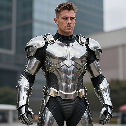 Muscular Man in Sleek Metallic Armor