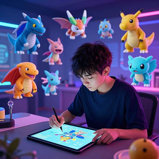Photograph of an Asian boy with messy black hair, wearing a black shirt, drawing on a tablet, surrounded by floating, colorful Pokémon in a neon