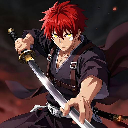 Digital anime drawing of a red-haired, yellow-eyed warrior with a scar, holding a katana, dressed in a black kimono, against a dark