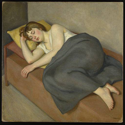 Painting of a fair-skinned woman with brown hair sleeping on a wooden bench, covered in a dark blue blanket, wearing a white sleeveless top