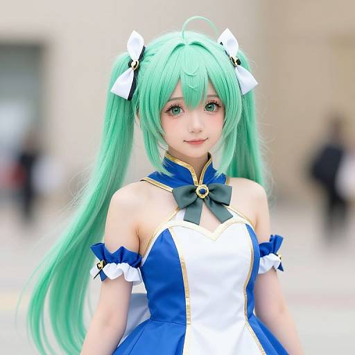 Photograph of a young woman cosplaying as a green-haired anime character with twin tails, wearing a blue and white dress, black bow, and white