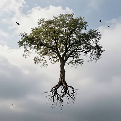 Photograph of a tall, leafy tree with visible roots, floating in a cloudy sky, with several birds flying around.