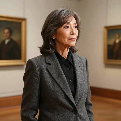 Older Woman with Layered Bangs in Wool Suit at Museum