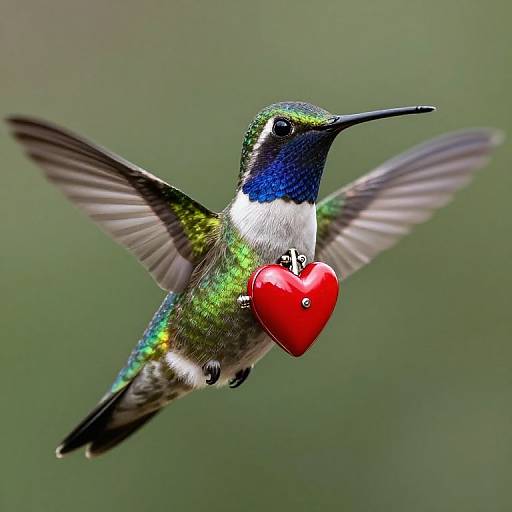 Photograph of a hummingbird with iridescent green and blue feathers, white chest, and a red heart-shaped object attached to its belly, mid