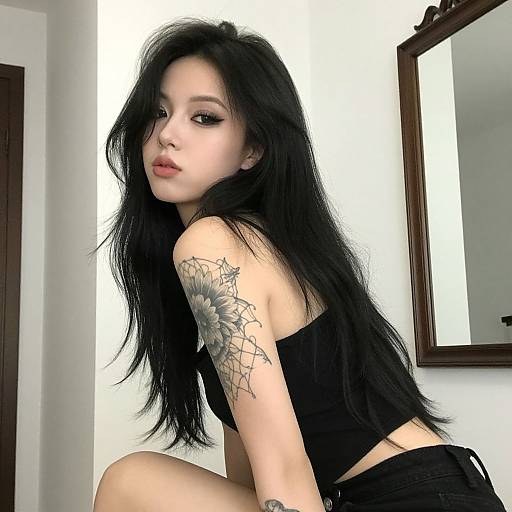 Young Woman with Tattoos and Dramatic Makeup