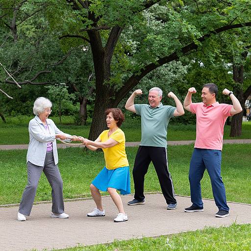 Photograph of four older adults in a park, laughing and flexing muscles while playing a game with tennis balls on a paved path. Lush green