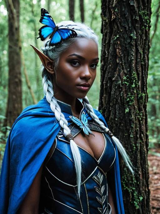 Fantasy Dark Elf Woman with Blue Butterflies in Forest