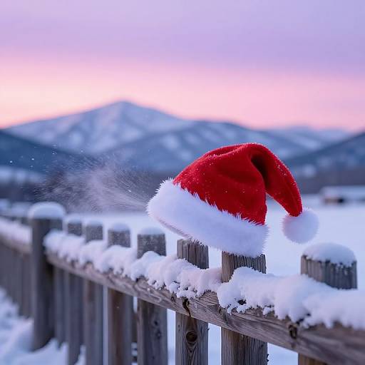Photograph of a red Santa hat with white trim, perched on a snow-covered wooden fence, against a blurred mountain sunset.