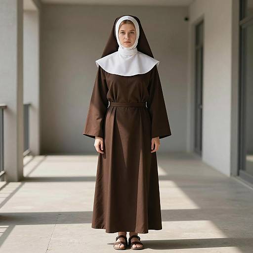 Photorealistic Brown Nun in Sunlit Corridor
