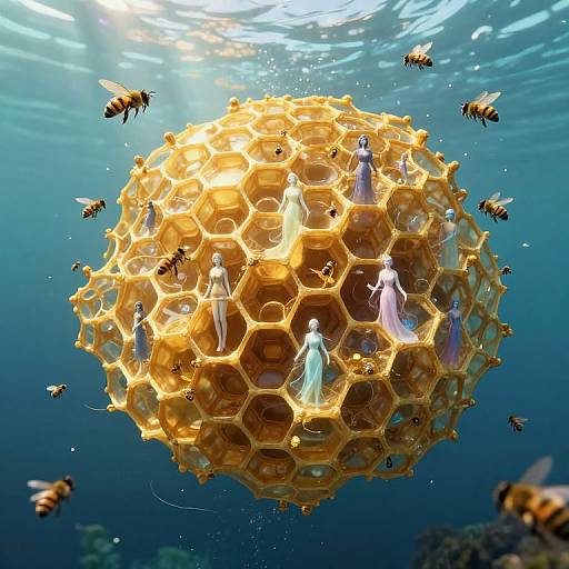 Photograph of a glowing, honeycomb-like orb in underwater sunlight, surrounded by bees and ethereal, white-robed figures standing within hexagonal cells