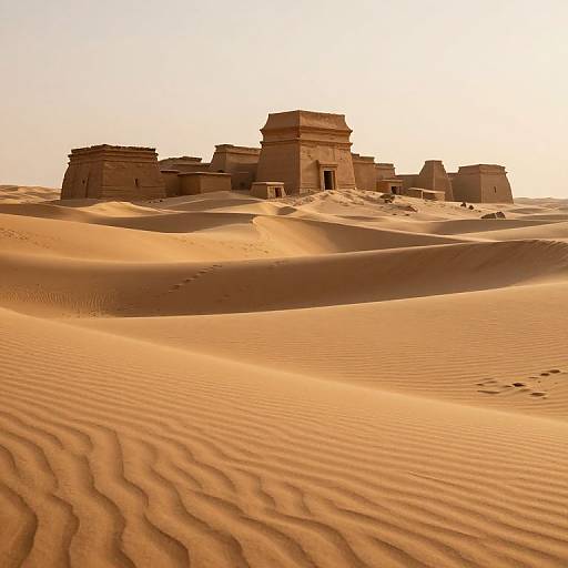 Photograph of ancient, sunlit desert ruins with sand-rippled dunes in foreground, casting long shadows under a bright, clear sky.