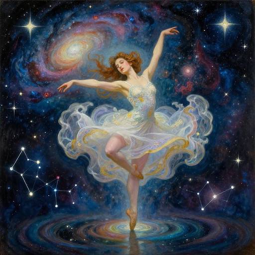 Digital painting of a dancing woman in a glowing, ethereal white dress against a cosmic background with stars, galaxies, and constellations.