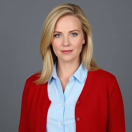 Photograph of a blonde woman with blue eyes, wearing a red cardigan over a light blue button-up shirt, against a gray background.