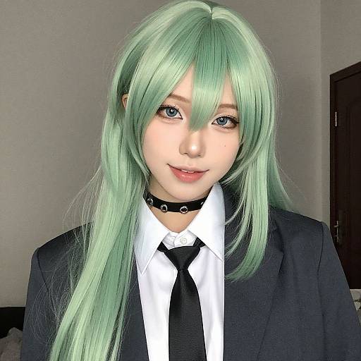 Photograph of a young person with light green hair, blue eyes, wearing a black choker, white shirt, black tie, and black blazer