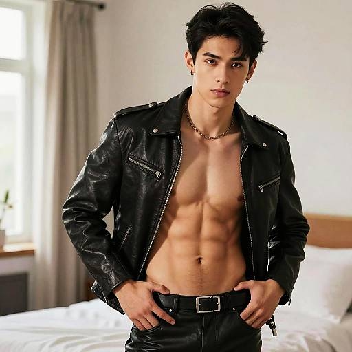 Photograph of a young, fit Asian man with short black hair, wearing a black leather jacket and no shirt, revealing a toned, muscular chest,
