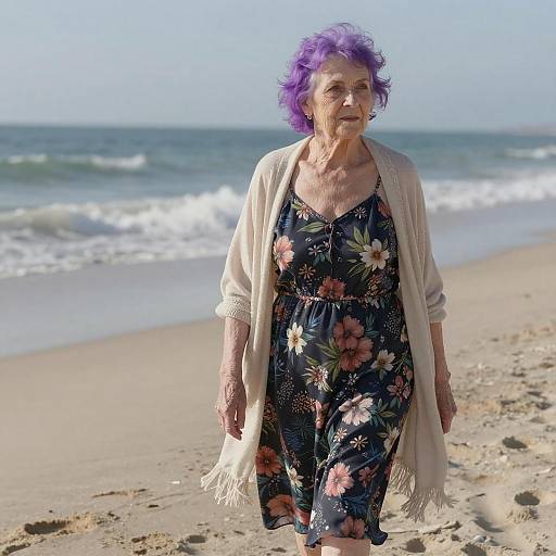 Photograph of an elderly woman with purple hair, wearing a floral dress and beige cardigan, walking on a sunny beach with gentle waves in the background