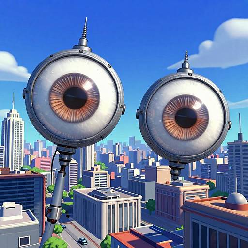 CGI image of two giant, metallic, circular eyes with detailed pupils, hovering above a colorful cityscape with skyscrapers and blue sky.