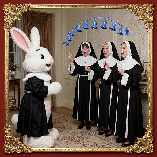 Photograph of three laughing nuns in black and white habits, interacting with a white rabbit mascot in a luxurious room. Blue bells arch above them,