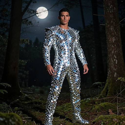 Photograph of a muscular man in a shimmering, mirror-like silver suit standing in a dark forest under a full moon.