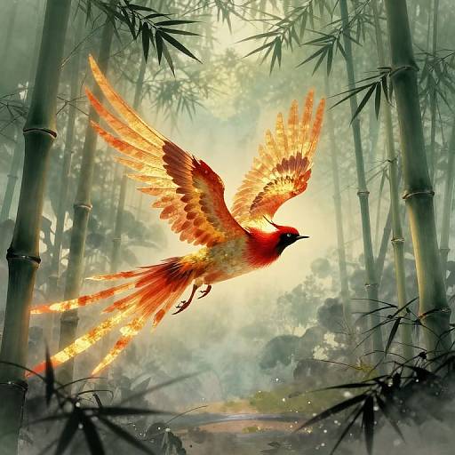 Digital artwork of a fiery red and orange phoenix with glowing feathers soaring through a misty bamboo forest, sunlight filtering through.