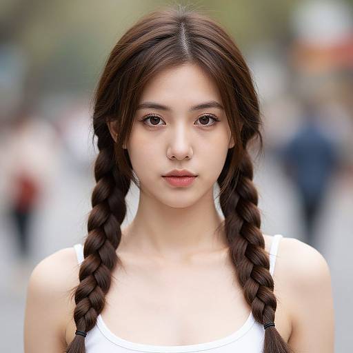 Photograph of an East Asian woman with fair skin, dark braided hair, and brown eyes, wearing a white top, standing in a blurred urban