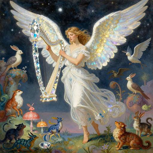 Digital painting of an angelic woman with glowing wings, playing a crystal harp, surrounded by whimsical animals and fantastical creatures under a starry