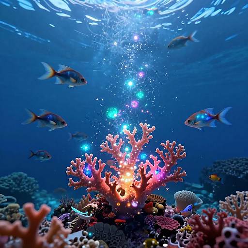 Underwater photograph of colorful coral reef with vibrant red and pink coral, blue and purple glowing lights, and several fish swimming.