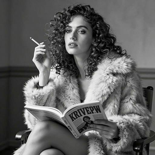 Woman in Fur Coat Reading and Smoking