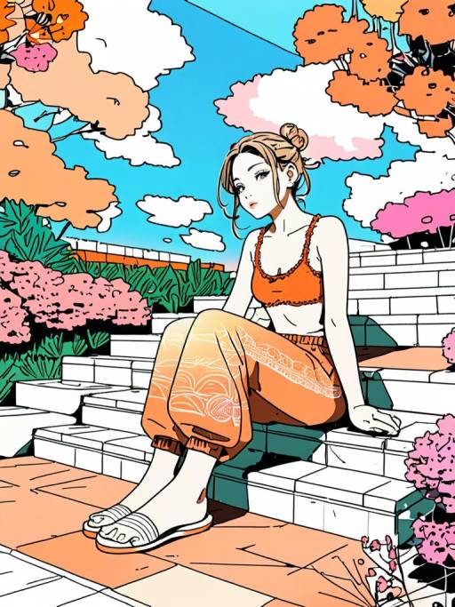 Young Woman Sitting on Stone Steps in Orange Outfit