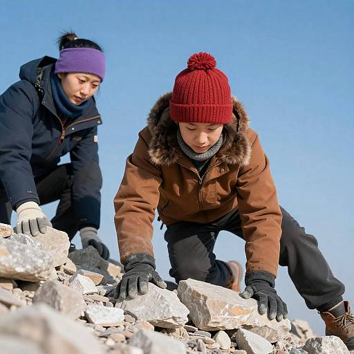 Adventurers Climbing a Rubble Pile