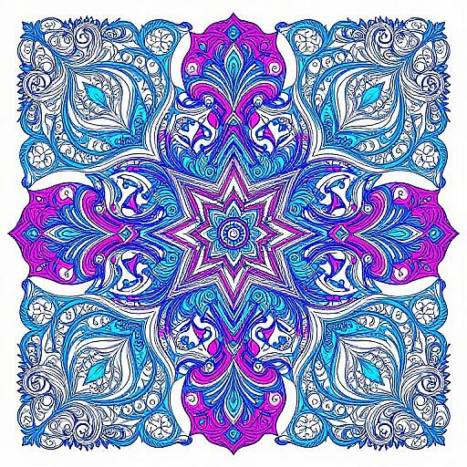 Vivid, intricate digital drawing of a symmetrical, mandala-style pattern in blue, purple, and white, featuring swirling paisley and floral motifs