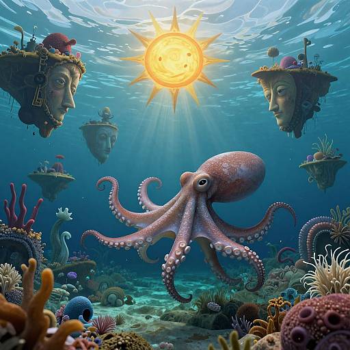 Fantasy underwater scene: sunlit octopus swims among floating face masks adorned with hats, surrounded by colorful corals and sea creatures.