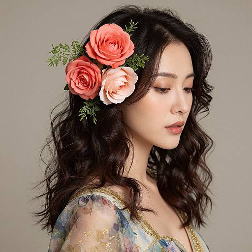 Elegant Woman with Vibrant Roses Portrait