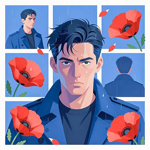 Intense Portrait with Poppy Floral Surroundings
