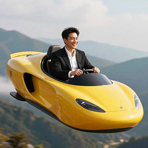 Smiling Man in Futuristic Flying Car