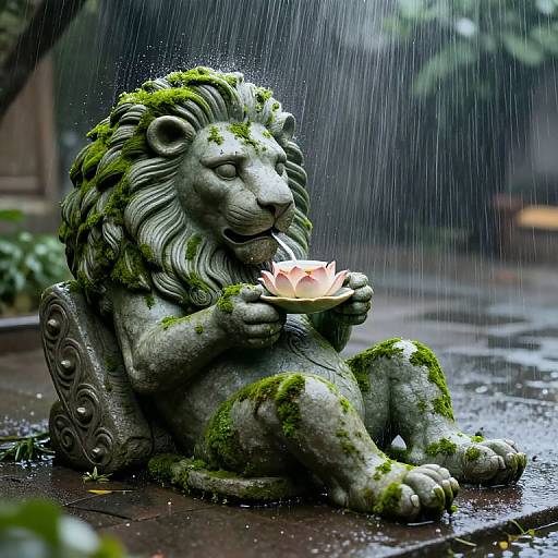 Photograph of a moss-covered stone lion statue holding a pink lotus flower, sitting in the rain, with water droplets visible. Background includes blurred