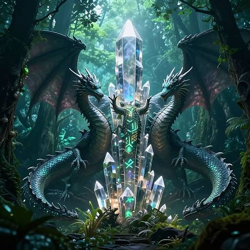 Digital fantasy artwork of two dark blue, winged dragons surrounded by glowing, crystal structures in a lush, mystical forest.