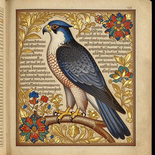 Illustration of a blue and white falcon with detailed feathers, perched on a branch, surrounded by colorful flowers and gold foliage, against a textured