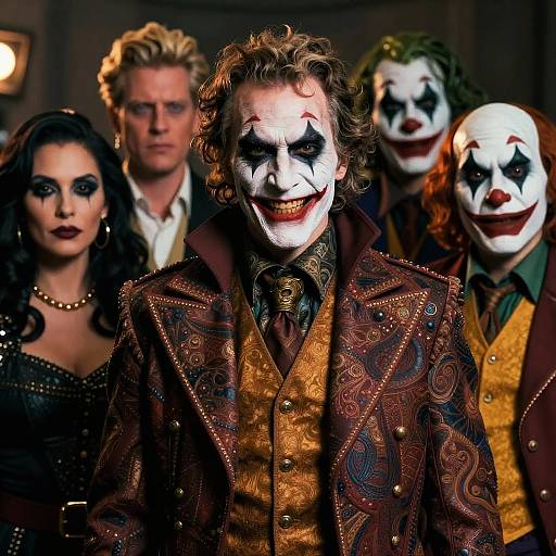 Photograph of The Joker and his henchmen in vibrant, patterned costumes with white face paint and black lipstick, standing in a dimly lit
