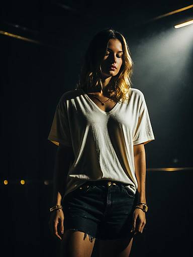 Woman in White V-Neck T-Shirt and Black Denim Shorts