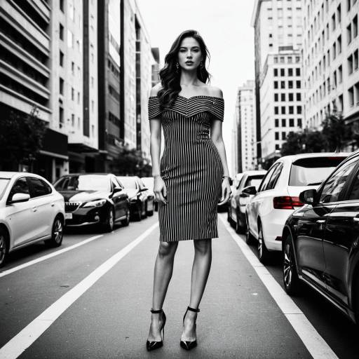 Stylish Woman in Striped Dress on City Street