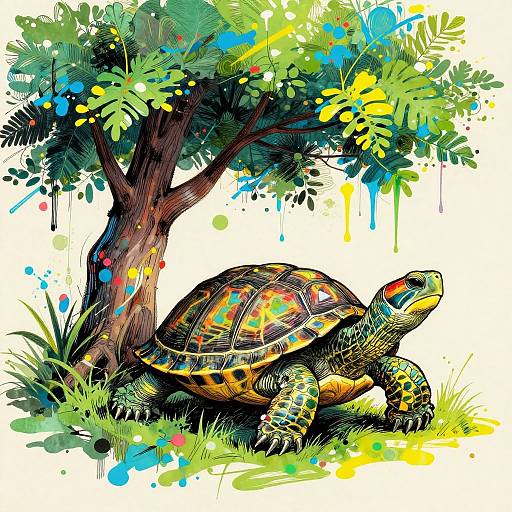 Vibrant digital drawing of a colorful turtle under a leafy tree with splashes of blue, yellow, and green paint.
