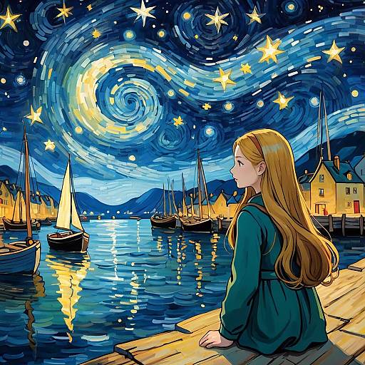 Lonely Girl at Starry Night Harbour