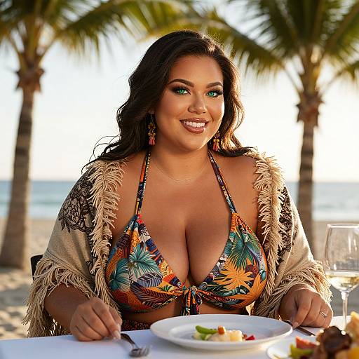 Photograph of a smiling, curvy Latina woman with dark hair, large breasts in a colorful tropical bikini, fringed shawl, at a beach