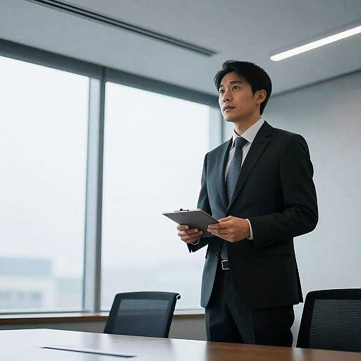 Photograph of a serious Asian man in a black suit holding a tablet, standing in a modern, brightly lit office with large windows and wooden conference tables