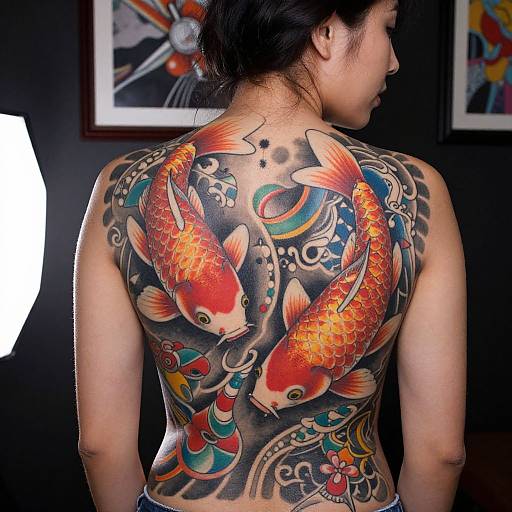 Photograph of a woman with a large, colorful koi fish tattoo covering her back, featuring bright red, orange, and yellow fish, intricate patterns