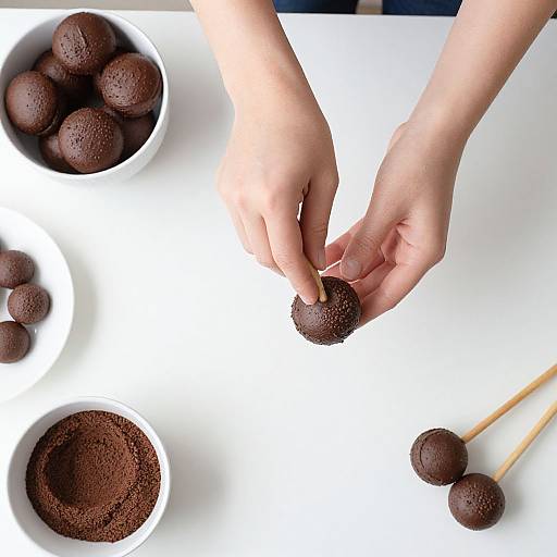 Photograph of hands picking a chocolate-covered cacao pod from a white table, surrounded by bowls of cocoa pods and a wooden spoon.