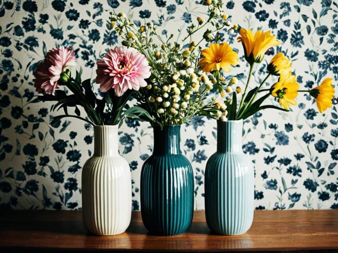 Three Vases with Flowers on Table
