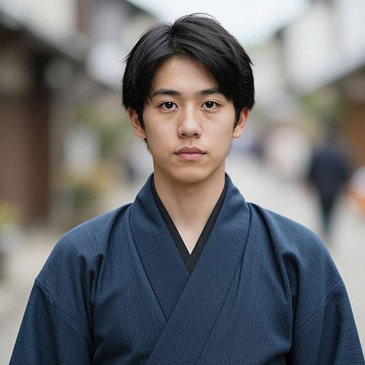 Photograph of an East Asian man with short black hair, wearing a dark blue kimono, standing in a blurred, traditional Japanese street.