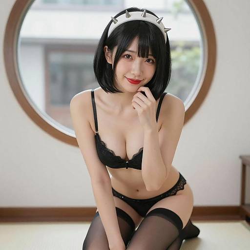 Elegant Asian Woman in Black Lingerie